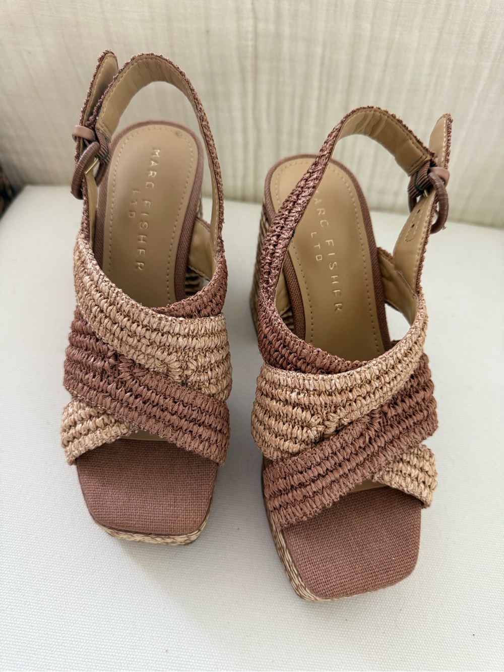 Marc Fisher Two-Tone Woven Slingback Wedges in Brown and Tan